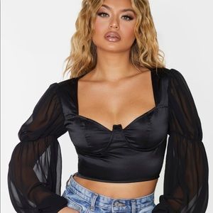 Black Sain V Wire Underbust Sher Sieve Cropped Blouse
